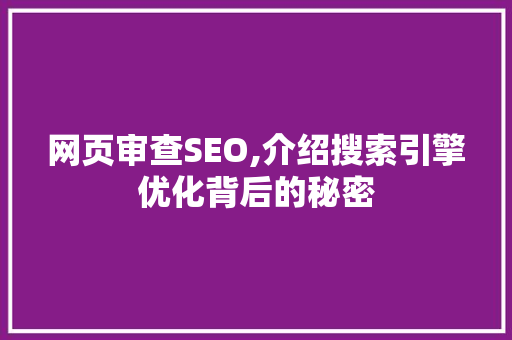 网页审查SEO,介绍搜索引擎优化背后的秘密 网页审查SEO,介绍搜索引擎优化背后的秘密 神马SEO