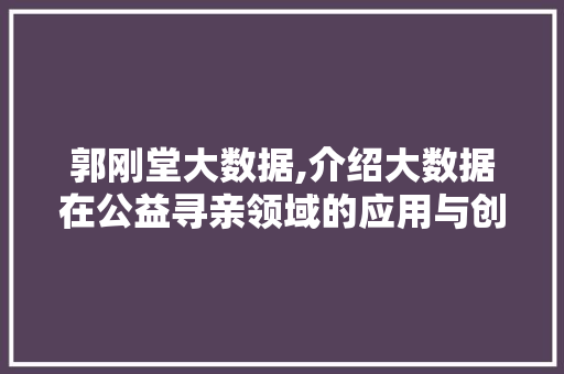 郭刚堂大数据,介绍大数据在公益寻亲领域的应用与创新 神马SEO