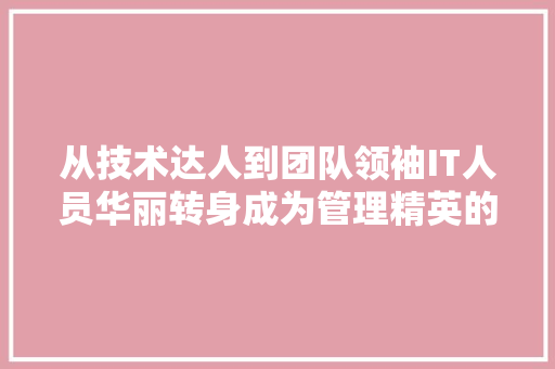 从技术达人到团队领袖IT人员华丽转身成为管理精英的蜕变之路！