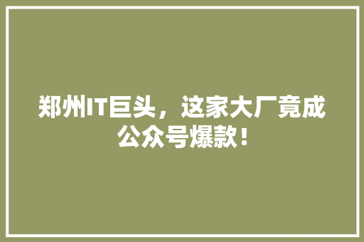 郑州IT巨头，这家大厂竟成公众号爆款！ 神马SEO