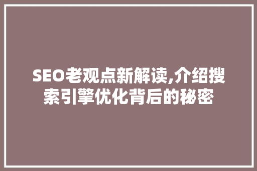 SEO老观点新解读,介绍搜索引擎优化背后的秘密 GoogleSEO