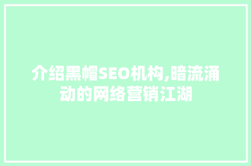 介绍黑帽SEO机构,暗流涌动的网络营销江湖 百度SEO