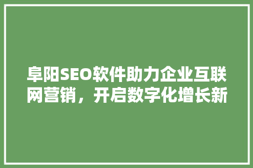 阜阳SEO软件助力企业互联网营销，开启数字化增长新篇章 百度SEO