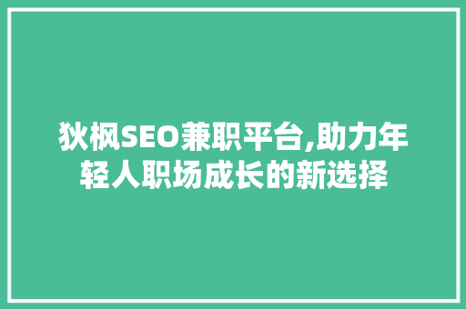 狄枫SEO兼职平台,助力年轻人职场成长的新选择 百度SEO