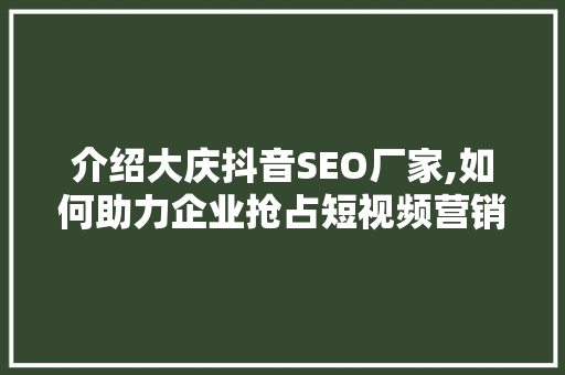 介绍大庆抖音SEO厂家,如何助力企业抢占短视频营销高地 神马SEO