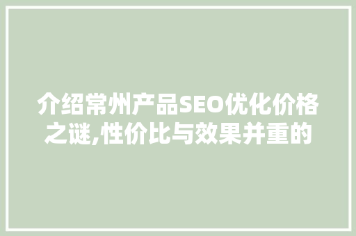 介绍常州产品SEO优化价格之谜,性价比与效果并重的步骤介绍 GoogleSEO