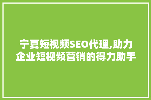 宁夏短视频SEO代理,助力企业短视频营销的得力助手 神马SEO