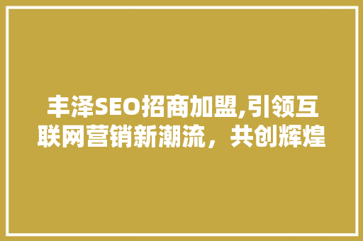 丰泽SEO招商加盟,引领互联网营销新潮流，共创辉煌未来 GoogleSEO
