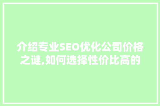 介绍专业SEO优化公司价格之谜,如何选择性价比高的服务 必应SEO