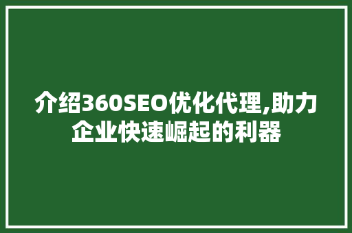 介绍360SEO优化代理,助力企业快速崛起的利器 神马SEO