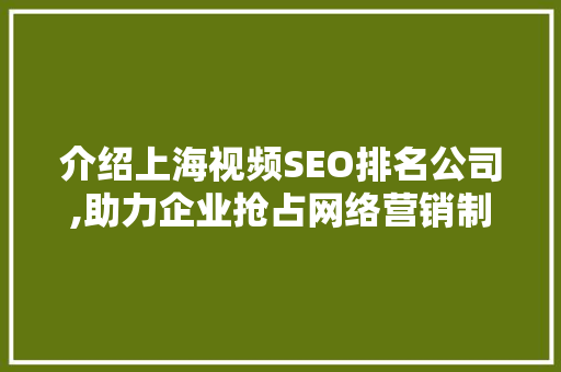 介绍上海视频SEO排名公司,助力企业抢占网络营销制高点