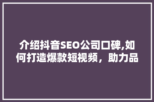 介绍抖音SEO公司口碑,如何打造爆款短视频，助力品牌腾飞 搜狗SEO