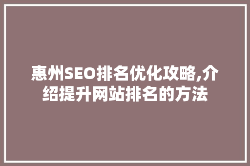惠州SEO排名优化攻略,介绍提升网站排名的方法 GoogleSEO