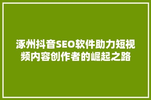 涿州抖音SEO软件助力短视频内容创作者的崛起之路