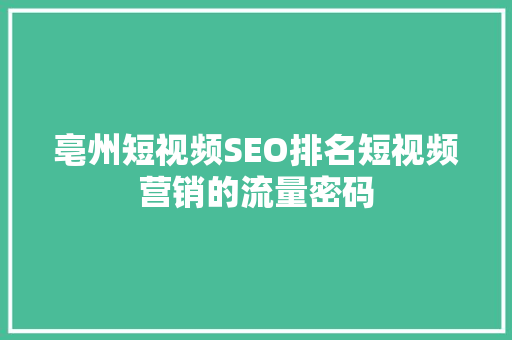 亳州短视频SEO排名短视频营销的流量密码 GoogleSEO