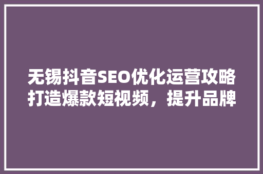 无锡抖音SEO优化运营攻略打造爆款短视频，提升品牌影响力 搜狗SEO