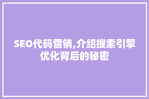 SEO代码营销,介绍搜索引擎优化背后的秘密 SEO代码营销,介绍搜索引擎优化背后的秘密 搜狗SEO